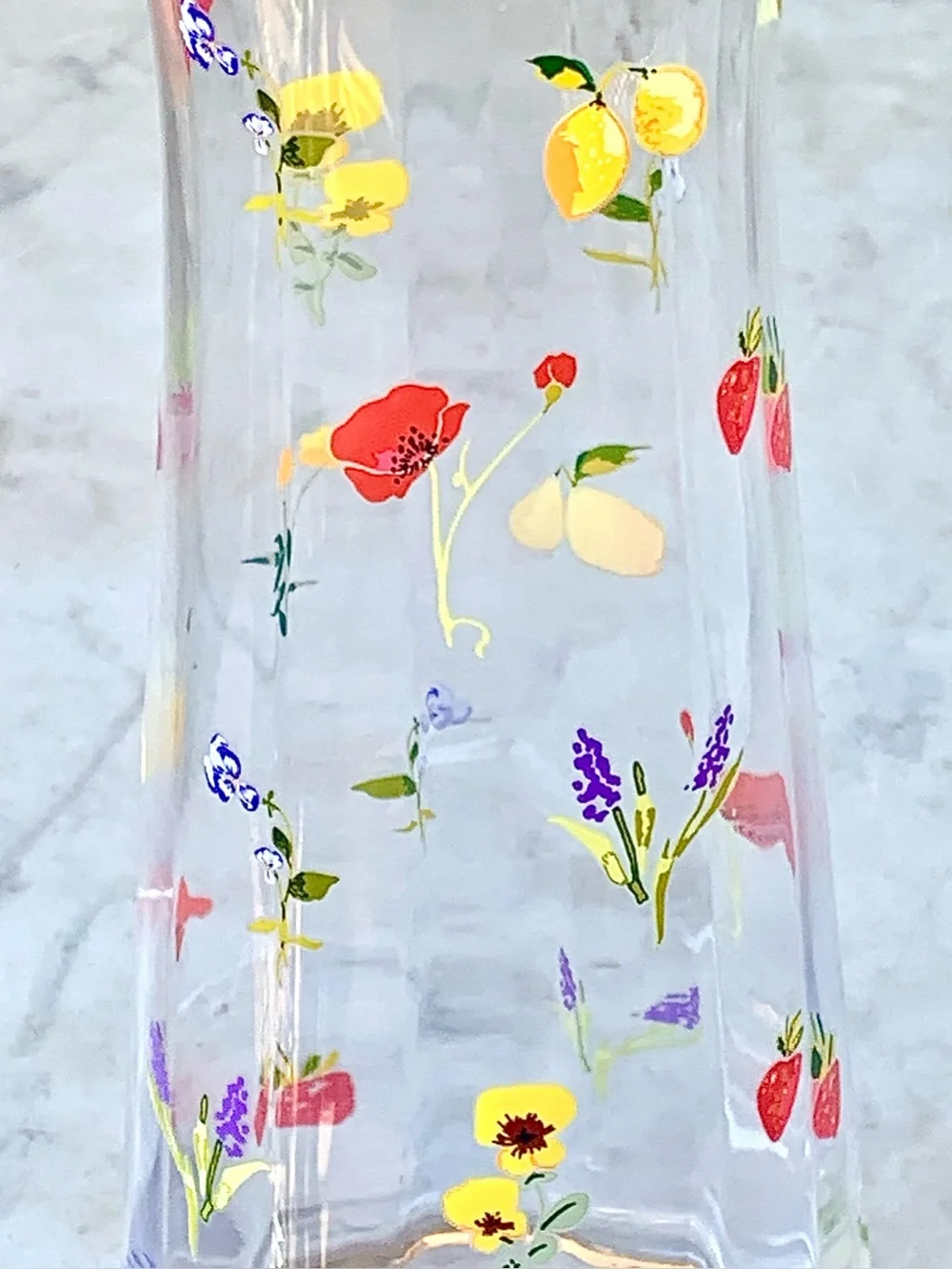 ANTHROPOLOGIE CORDELIA PITCHER CLEAR Glass Vase Yellow Rim and Floral Fruit NEW